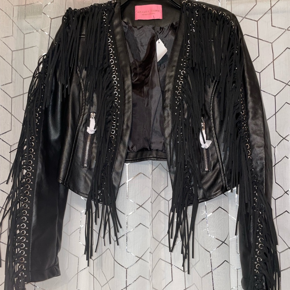 Black fringe leather moto jacket.